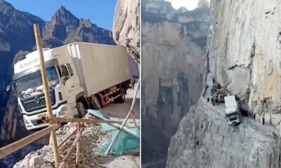 picture of a truck going over a cliff