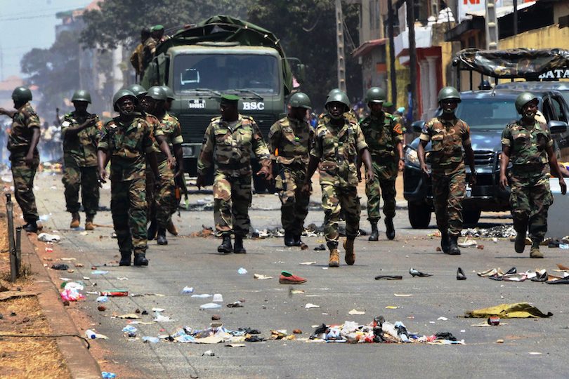 Members of Guinea's armed forces after the arrest of Guinea's president, Alpha Conde, in a coup in Conakry, Guinea, Sept. 5, 2021.