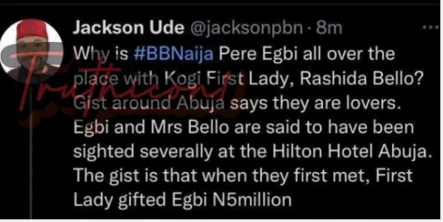 Tweet from Jackson Ude about Pere of BBNaija