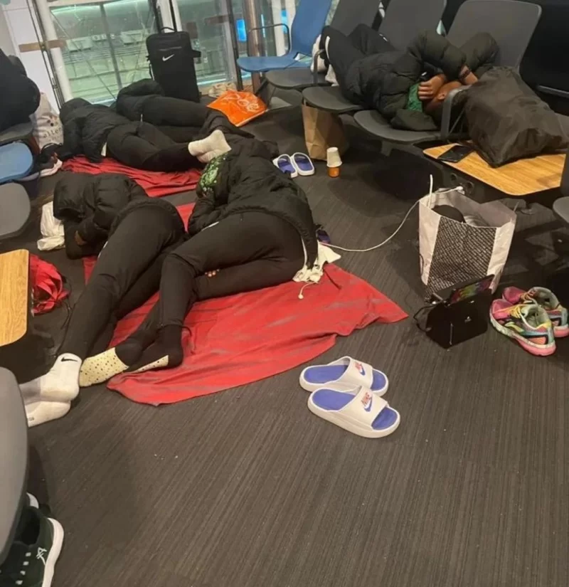 Falconets sleeping on chairs and floor at Istanbul Credit - Collin Udoh