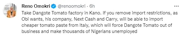 Reno Omokri's tweet analysing Peter Obi's tweet