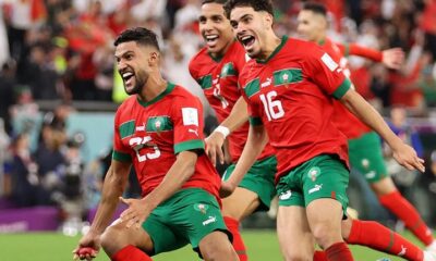 Morocco players celebrating their win against Spain
