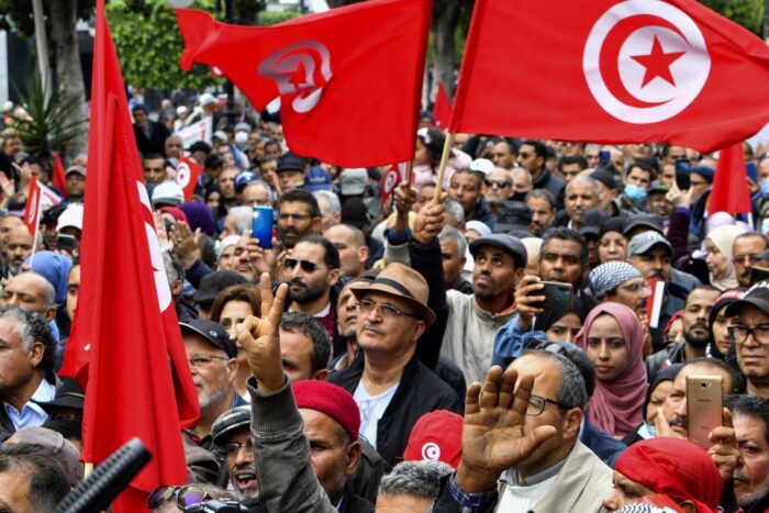 Tunisia - Tunisian demonstrators take part in a rally against President Kais Saied