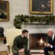 US President Joe Biden and Ukraine's President Volodymyr Zelensky meet in the Oval Office of the White House, in Washington, DC on December 21, 2022. - Zelensky is in Washington to meet with US President Joe Biden and address Congress -- his first trip abroad since Russia invaded in February. (Photo by Brendan Smialowski / AFP)