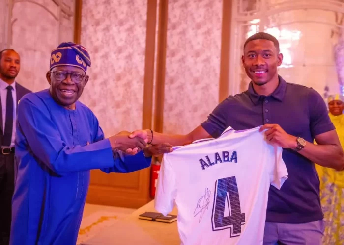 Tinubu meets Real Madrid star, Alaba in France