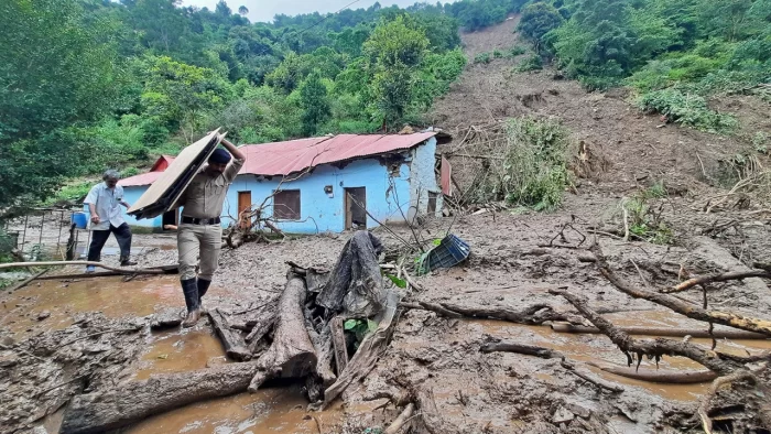 Heavy rains caused a landslide in Jadon village in Solan district of India's Himachal Pradesh state on August 14, 2023