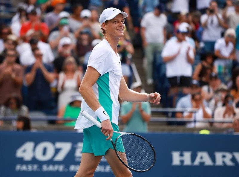 TORONTO, ON – AUGUST 13: Jannik Sinner of Italy reacts after winning his match against Alex De Minaur of Australia in the Singles Final during Day Seven of the National Bank Open, part of the Hologic ATP Tour, at Sobeys Stadium on August 13, 2023 in Toronto, Canada. Vaughn Ridley/Getty Images (Photo by Vaughn Ridley / GETTY IMAGES NORTH AMERICA / Getty Images via AFP)