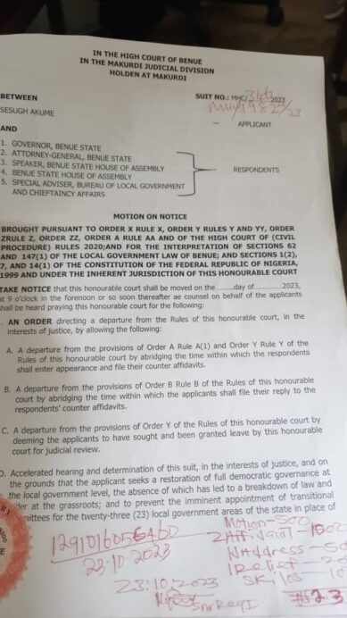 Benue governor sued 2 - Sesugh Akume