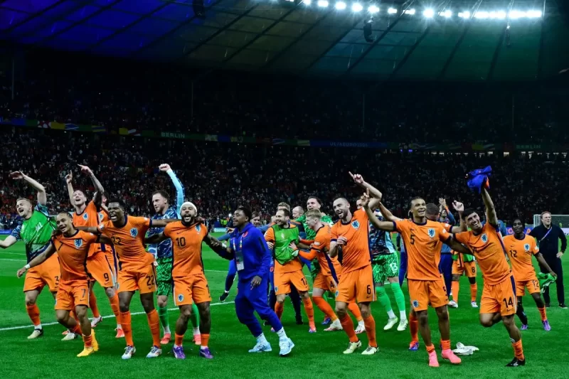 Netherlands players celebrate after the UEFA Euro 2024 quarter-final