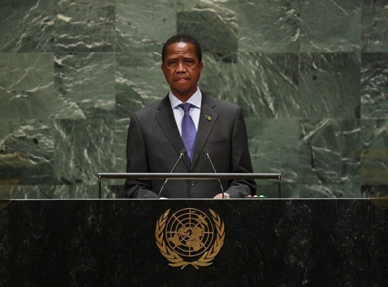 (FILES) Edgar Chagwa Lungu, President, Republic of Zambia, speaks to the 74th Session of the General Assembly at the United Nations headquarters in New York on September 25, 2019 in New York. Former Zambian President Edgar Lungu, who lost power in 2021, died Thursday in a hospital in South Africa at the age of 68, his party and family announced. Lungu had been receiving specialised treatment in a clinic in Pretoria, the Patriotic Front said in a statement. (Photo by TIMOTHY A. CLARY / AFP)
