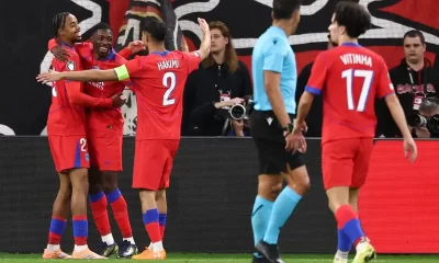 Paris Saint-Germain’s French forward #10 Ousmane Dembele (2nd L) celebrates scoring the 2-6 goal with his teammates during the UEFA Champions League football match between Bayer 04 Leverkusen and Paris Saint-Germain (PSG) at the BayArena stadium in Leverkusen, western Germany on October 21, 2025. (Photo by FRANCK FIFE / AFP)