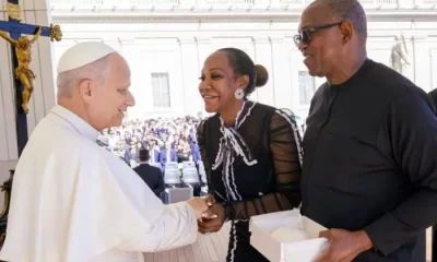 Mr. Peter Obi and his wife, Margaret, during their audience with His Holiness, Pope Leo XIV, at the Vatican City.