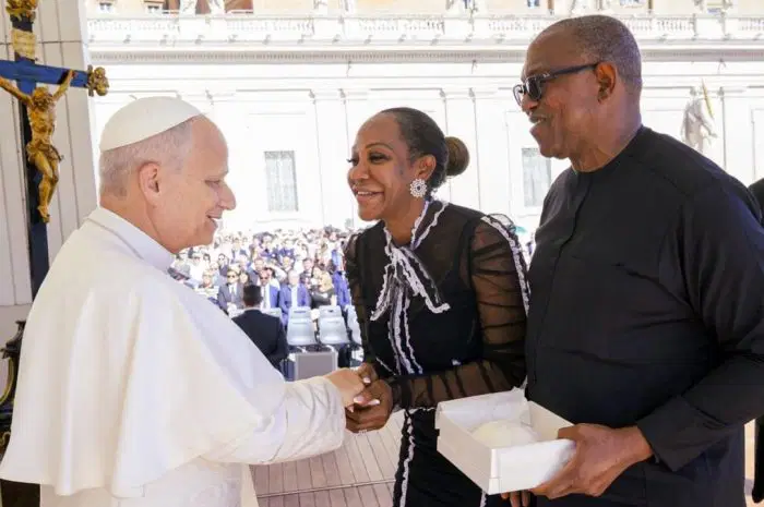 Mr. Peter Obi and his wife, Margaret, during their audience with His Holiness, Pope Leo XIV, at the Vatican City.
